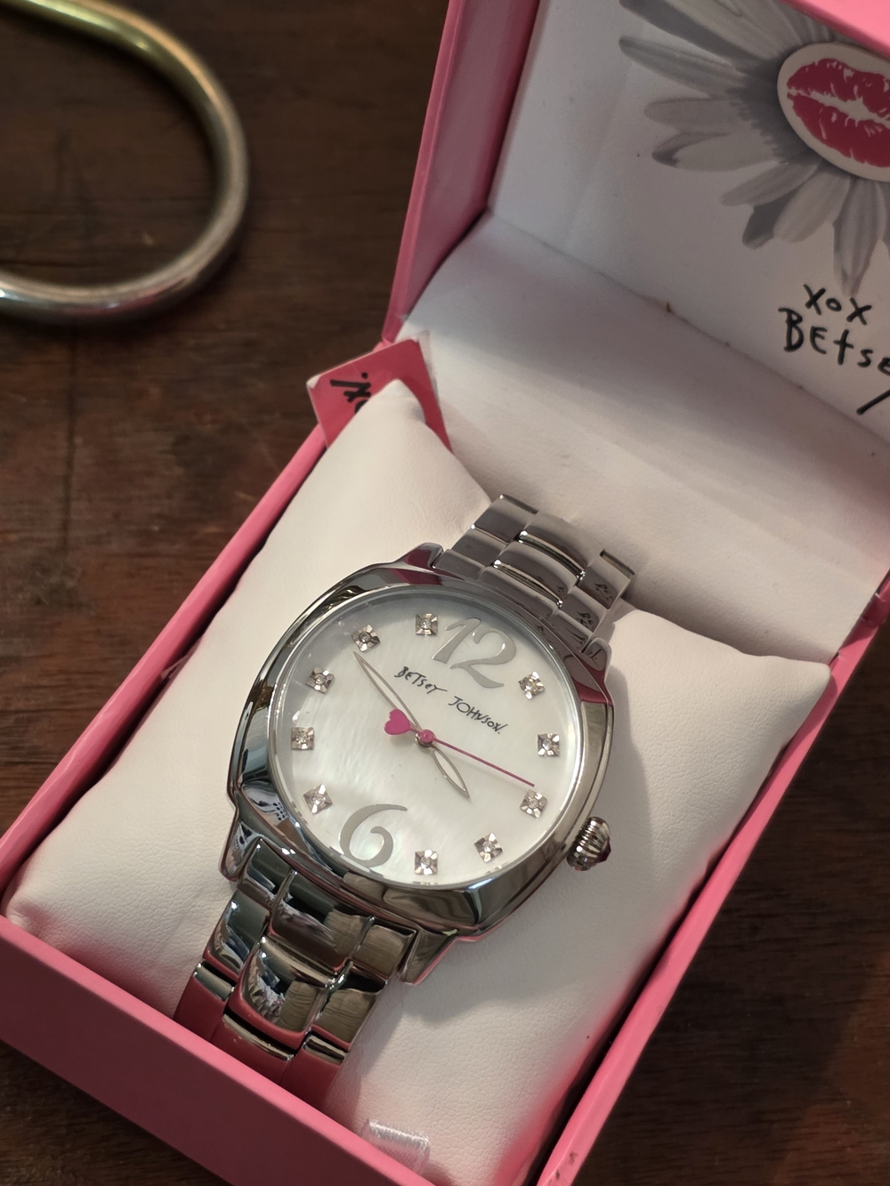 NWT Betsey Johnson Silver-Tone Watch with Pink Heart Second Hand And Crystals